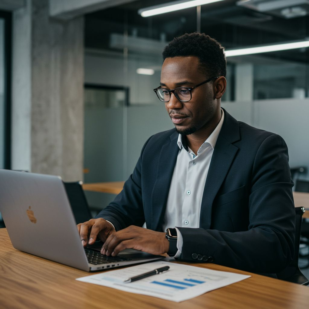 A focused professional in glasses working on a laptop at a modern office desk