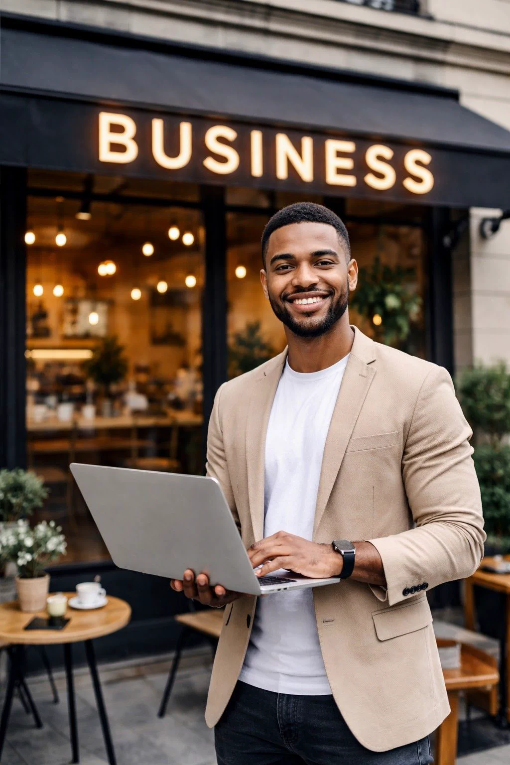 A smiling solo entrepreneur holding a laptop outside their business storefront